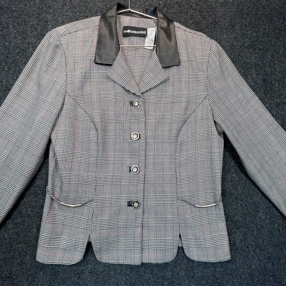 Sag Harbor Plaid Blazer Women 12 Black Faux Leather Dark Academia Office Goth